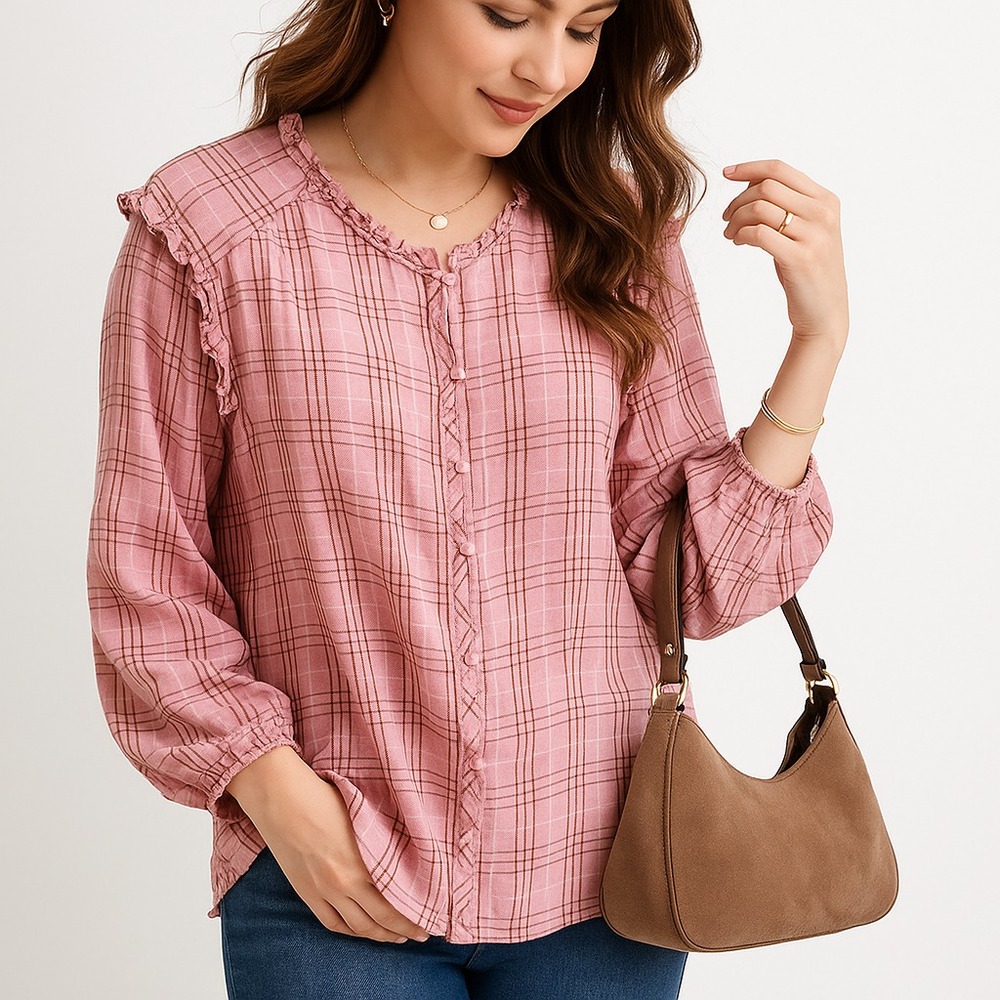 LC Lauren‎ Conrad Womens 4X Pink Plaid Ruffle Trim Long Sleeve Button Up Blouse